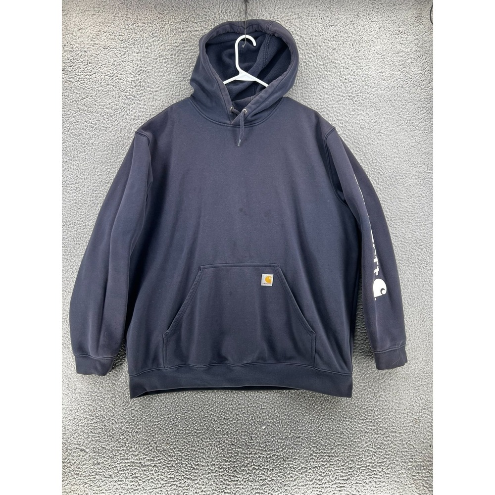 CARHARTT Pullover Hoodie Men 2XL Navy Blue Sleeve Logo Loose Fit Sweatshirt READ